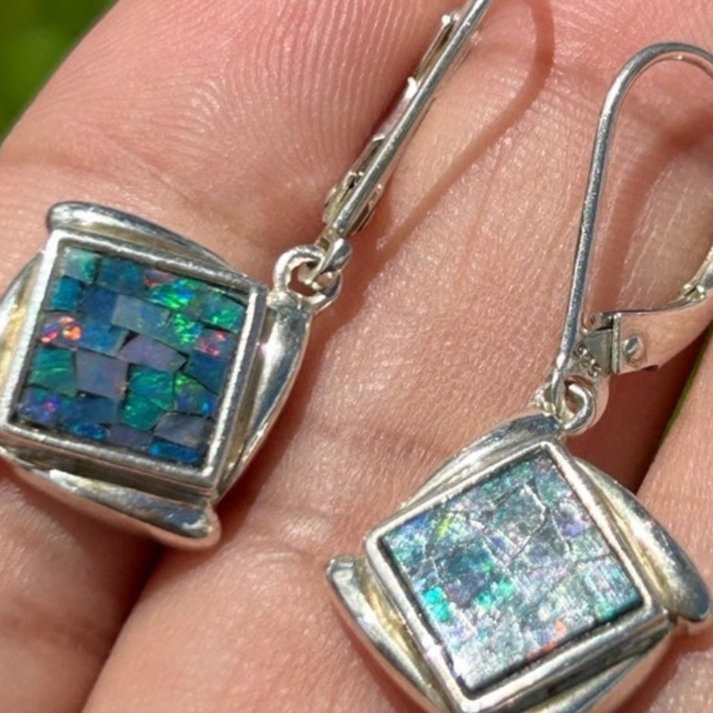 Vintage sterling silver Whitney Kelly Opal Mosaic square drop earrings - Picture 2 of 13